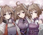  3girls ahoge arknights bare_shoulders bow bowtie brown_eyes brown_hair closed_mouth collared_shirt commentary_request curled_horns eyjafjalla_(arknights) eyjafjalla_the_hvit_aska_(arknights) grey_horns highres horns lastmatch500 long_hair looking_at_viewer multiple_girls multiple_persona open_mouth pink_eyes purple_shirt sheep_girl sheep_horns shirt short_hair smile upper_body white_bow white_bowtie 