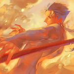  blue_hair fate/stay_night fate_(series) gae_bolg lancer long_hair male_focus polearm ponytail red_eyes rei_(sanbonzakura) solo spear weapon 