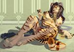 anthro babylonian_mythology belly big_breasts biped blue_eyes bottomwear breasts cloak clothed clothing dagger digitigrade feet_together_knees_apart felid flaccid fur genitals gynomorph gynomorph_anthro hair hand_on_ground highlights_(coloring) holding_dagger holding_knife holding_melee_weapon holding_object holding_weapon huldra_(huldratigress) humanoid_genitalia humanoid_penis intersex intersex_anthro jewelry knife long_hair mammal mantle markings melee_weapon mesopotamia mesopotamian_mythology middle_eastern_mythology mythology necklace nipple_piercing nipple_ring nipples nonbinary_(lore) on_ground orange_body orange_fur pantherine partially_clothed_anthro partially_clothed_gynomorph pawpads paws penis piercing pink_pawpads priest purple_highlights raised_bottomwear raised_clothing reclining ring_piercing sitting sitting_on_ground slightly_chubby slightly_chubby_anthro slightly_chubby_gynomorph slightly_chubby_intersex solo striped_body striped_fur striped_markings striped_tail stripes sumerian sumerian_mythology tail tail_markings tan_body tan_fur teal_eyes tiger trans_(lore) veil weapon whiskers winterbalg