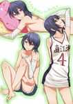  arm_up armpits bakemonogatari bandages bare_shoulders barefoot basketball basketball_uniform brown_eyes character_name collarbone crossed_legs denim denim_shorts face feet head_tilt highres inu_(aerodog) jersey kanbaru_suruga long_hair lying monogatari_(series) montage nisemonogatari nude on_stomach pillow pillow_hug purple_hair shorts sitting smile solo sportswear 