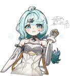  1girl ahoge arm_up bare_shoulders blue_eyes blue_hair blush braid braided_ponytail breasts commentary_request detached_sleeves flower_hairpin gloves grin hair_ornament hairpin humanoid_robot long_hair looking_at_viewer mole mole_on_shoulder parted_lips pepa_xgame robot see-through_dress_layer seed_(zenless_zone_zero) seed_sr. simple_background small_breasts smile sparkle suit thumbs_up upper_body white_background white_gloves white_suit zenless_zone_zero 