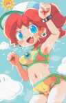  1girl angry_sun blue_sky breasts brown_hair cloud commentary crop_top earrings fang flower_earrings hat highres ikaheigen jewelry long_hair looking_at_viewer mario_(series) mario_kart mario_kart_world navel open_mouth orange_shorts ponytail princess_daisy princess_daisy_(swimwear)_(mario_kart_world) shorts sky smile symbol-only_commentary water wet 