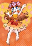  1girl absurdres barefoot blue_eyes brown_hair dress earrings fairy fairy_wings flower flower_earrings hair_flower hair_ornament highres jewelry long_hair mario_(series) mario_kart mario_kart_tour open_mouth orange_background orange_dress princess_daisy princess_daisy_(fairy) rakugaki_shitagari-ya smile wings 