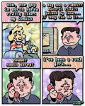 4_panel_comic aloha_shirt anthro bird_dog blush blush_stickers brown_body brown_fur canid canine canis cellphone clothing dialogue domestic_dog duo electronics english_text fur golden_retriever half-closed_eyes hi_res human humor hunting_dog kim_jong-un male mammal narrowed_eyes overweight overweight_human overweight_male pattern_clothing pattern_shirt pattern_topwear phone rawdawgcomics retriever shirt smartphone speech_bubble stahli_(rawdawgcomics) text topwear wide_eyed yellow_body yellow_fur