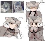  ... 1girl :&lt; :d anger_vein animal_ear_fluff animal_ears artist_name artist_self-insert bob_cut bored breath brown_cape brown_coat brown_mittens brown_scarf brown_sweater cape cat_ears cat_girl closed_mouth coat constricted_pupils creature_and_personification duffel_coat elbow_rest gegegekman gradient_hair grey_hair hair_ornament hairclip hand_on_table head_rest highres korean_text looking_afar looking_at_self mittens motion_lines multicolored_hair multiple_views open_mouth original pallas&#039;s_cat pallas&#039;s_cat_(gegegekman) parallel_hairclips personification puff_of_air reference_inset scarf shaded_face short_hair signature simple_background smile solo_focus speech_bubble spoken_ellipsis striped_clothes striped_sweater surprised sweater toggles twitter_username upturned_eyes warming_hands white_background white_hair yellow_eyes 