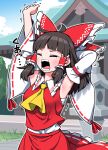  1girl armpits ascot bow brown_hair building closed_eyes commentary_request detached_sleeves facing_viewer frilled_bow frilled_hair_tubes frills hair_bow hair_tubes hakurei_reimu hakurei_shrine highres long_hair open_mouth red_bow red_skirt ribbon-trimmed_skirt ribbon-trimmed_sleeves ribbon_trim skirt skirt_set solidus_(sword_cube) solo stone_lantern stretching sweat touhou translation_request yellow_ascot 