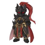  1boy armor armored_boots black_armor boots breastplate bridal_gauntlets cape chibi chibi_only full_body galaxia_nerius helm helmet knight looking_at_viewer male_focus official_art pauldrons plume ragnarok_online red_cape shoulder_armor simple_background solo transparent_background yuichirou 