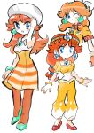  1girl absurdres arabian_clothes blue_eyes brown_hair dress earrings fingerless_gloves flower_earrings gloves hair_ornament harem_pants hat highres jacket jewelry long_hair mario_(series) mario_kart mario_kart_world multiple_views open_mouth orange_dress orange_gloves orange_jacket pants princess_daisy princess_daisy_(oasis) princess_daisy_(touring) princess_daisy_(vacation) rakugaki_shitagari-ya simple_background smile white_background white_hat 