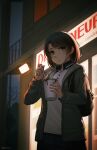  1girl :t absurdres backpack bag black_hair black_pants brick_wall brown_eyes building closed_mouth collared_shirt commentary convenience_store cup disposable_cup eating green_eyes grey_jacket highres holding holding_cup holding_spoon hood hood_down hooded_jacket jacket ndtwofives night night_sky open_clothes open_jacket original outdoors pants polo_shirt poutine railing school_uniform shirt shop short_hair sky solo spoon steam steaming_cup swept_bangs twitter_username white_shirt window 