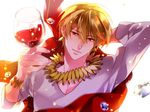  alcohol blonde_hair bracelet casual cloak cup drinking_glass fate/zero fate_(series) gem gilgamesh jewelry male_focus matsuo_shin necklace red_eyes solo wine wine_glass 