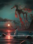  1girl beach cloud dress foaming_waves from_behind giant giant_monster glowing glowing_eyes highres long_hair matsuba10 monster ocean original outdoors rock sea_dragon solo standing sunset twitter_username white_dress 