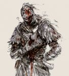  1other ? ambiguous_gender armor blood blood_on_clothes blood_on_face breastplate covered_face cowboy_shot elden_ring gauntlets grey_background hand_up helmet highres pauldrons plume shoulder_armor simple_background standing tarnished_(elden_ring) tokaoioi1 