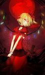  aymmogh bad_id bad_pixiv_id blonde_hair chain cross cuffs dress flandre_scarlet frown full_moon hair_ribbon handcuffs moon pointy_ears red red_eyes red_moon ribbon side_ponytail solo touhou wings 