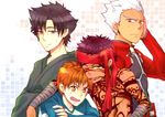  archer avenger bad_id bad_pixiv_id bandana black_eyes black_hair dark_skin dark_skinned_male emiya_kiritsugu emiya_shirou facial_hair fate/hollow_ataraxia fate/stay_night fate/zero fate_(series) father_and_son full_body_tattoo headband japanese_clothes kimono male_focus meltdown0802 multiple_boys one_eye_closed raglan_sleeves red_hair shirtless stubble tattoo white_hair yellow_eyes 