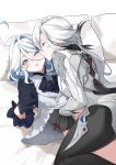  2girls ahoge arlecchino_(genshin_impact) black_gloves blue_eyes blush bottomless closed_eyes clothes_lift frilled_sleeves frills furina_(genshin_impact) genshin_impact gloves hair_between_eyes head_on_pillow highres huge_ahoge kiss kissing_cheek long_hair multiple_girls on_bed one_eye_closed parted_lips pillow shui_zhi_pingshi white_hair yuri 