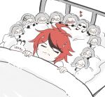  6+boys ahoge anger_vein animalization aotsuki_eito bed blush chibi chinese_commentary closed_eyes commentary_request frown full-face_blush glasses grey_hair head_on_pillow highres looking_at_another loving_aura male_focus multicolored_hair multiple_boys multiple_persona on_pillow pillow rabbit red_hair short_hair sleeping smile streaked_hair stuffed_toy sumino_takumi sunglasses sweat the_hundred_line_-last_defense_academy- trade-wind under_covers 