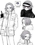  1boy aotsuki_eito blue_eyes chinese_commentary chinese_text cloak closed_eyes colored_eyelashes commentary_request drawstring eyelashes glasses gloves greyscale highres hood hood_down hooded_jacket jacket last_defense_academy_school_uniform male_focus monochrome multiple_views one_eye_closed open_mouth pants pocket rectangular_eyewear school_uniform semi-rimless_eyewear short_hair simple_background smile spot_color teeth the_hundred_line_-last_defense_academy- translation_request upper_teeth_only white_background yu_(qianshiguangjing95221) 