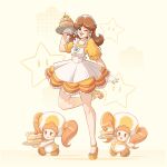  3girls apron black_eyes brown_hair cake cake_slice dress earrings flower_earrings food gloves high_heels highres jewelry long_hair lysum mario_(series) multiple_girls one_eye_closed orange_dress orange_shoes princess_daisy shoes smile super_star_(mario) twintails white_apron white_gloves 