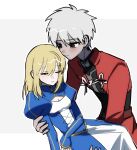  1boy 1girl ahoge archer_(fate) armor artoria_pendragon_(fate) blonde_hair carrying coat dress fate/stay_night fate_(series) highres inube_(inugonoheya) long_coat long_hair messy_hair princess_carry red_coat saber_(fate) white_hair 