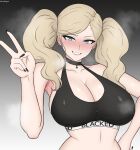  1girl absurdres black_choker black_nails black_sports_bra blacked_(phrase) blonde_hair blue_eyes blush breasts choker cleavage commission commissioner_upload daruko536 earrings english_text gradient_background grey_background highres hoop_earrings jewelry large_breasts large_variant_set long_hair persona persona_5 queen_of_spades_symbol solo spade_(shape) speech_bubble sports_bra takamaki_anne textless_version twintails v variant_set 