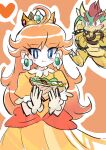  absurdres blue_eyes bowser brown_hair dress earrings eating flower_earrings food food_in_mouth gloves heart highres holding holding_food holding_sandwich horns jewelry long_hair mario_(series) orange_background orange_dress pretzel princess_daisy rakugaki_shitagari-ya sandwich smile white_gloves 