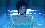  1girl black_hair blue_choker breasts chainsaw_man choker closed_mouth green_eyes hair_between_eyes highres large_breasts looking_at_viewer miovartz partially_submerged pool reze_(chainsaw_man) smile solo wet wet_hair 
