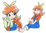  1girl barefoot blue_eyes blue_overalls brown_hair earrings flower_earrings highres holding holding_towel jewelry junnosu long_hair mario_(series) mario_kart mario_kart_tour multiple_views nail_polish orange_nails orange_shirt overalls princess_daisy princess_daisy_(farmer) shirt simple_background sitting towel white_background 
