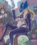  2girls :3 absurdres ankle_gun arm_up bare_shoulders bat_tattoo beelstarmon belt black_belt black_bodysuit black_boots black_coat black_hair black_nails black_pants black_vest blacktailmon blonde_hair blue_mask bodysuit boots breasts cat claws cleavage closed_mouth coat commentary cropped_vest crossover demon_girl demon_horns digimon digimon_(creature) digimon_story:_time_stranger eye_mask eyeshadow fangs forehead_tattoo galgomon garfield garfield_(character) gun hair_bun hair_ornament hair_stick high_heel_boots high_heels highres holding holding_gun holding_weapon horns large_breasts leather leather_pants lilithmon lipstick long_hair looking_at_viewer makeup mask multiple-barrel_gun multiple_girls multiple_wings navel no_gloves open_mouth pants parted_bangs parted_lips pink_eyes pointy_ears profile profitshame purple_eyeshadow purple_lips sidelocks signature sitting standing stomach tattoo third_eye tight_clothes tight_pants too_many too_many_cats underboob vest weapon wings 