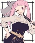  1girl ;d ascot axe belt breasts buttons do_m_kaeru fire_emblem fire_emblem:_three_houses garreg_mach_monastery_uniform hilda_valentine_goneril holding holding_axe holding_weapon long_hair medium_breasts one_eye_closed pink_eyes pink_hair simple_background smile solo twintails weapon white_ascot white_background yellow_belt 