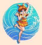  1girl arm_up blue_eyes brown_hair earrings flower_earrings highres jewelry long_hair lysum mario_(series) mario_kart mario_kart_tour open_mouth princess_daisy princess_daisy_(swimwear)_(mario_kart_tour) sandals smile swimsuit 