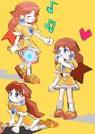  1girl absurdres brown_hair closed_eyes dress earrings flower_earrings heart highres jewelry mario_(series) mario_tennis mario_tennis_(nintendo_64) multiple_views musical_note open_mouth orange_background orange_shoes princess_daisy racket rakugaki_shitagari-ya shoes simple_background smile socks sweatdrop tennis_racket white_socks yellow_dress 