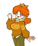  1girl brown_hair brown_sweater cindysuke collared_shirt earrings flower_earrings jewelry long_hair mario_(series) open_mouth princess_daisy shirt simple_background smile sweater white_background 