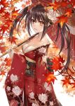  1girl :d asle autumn_leaves black_hair breasts cleavage clock_eyes collarbone commentary commentary_request date_a_live floral_print from_side hand_fan heterochromia highres holding holding_umbrella japanese_clothes kimono leaf long_hair long_sleeves maple_leaf medium_breasts obi oil-paper_umbrella open_mouth paper_fan print_kimono red_eyes red_kimono sash smile solo standing symbol-only_commentary symbol-shaped_pupils tokisaki_kurumi tokisaki_kurumi_(spirit) twintails uchiwa umbrella v-shaped_eyebrows white_background wide_sleeves yellow_eyes 