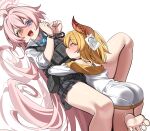  2girls absurdres ahoge ammunition_pouch artist_request ass barefoot black_skirt blonde_hair blue_archive blue_eyes blue_necktie blush bound bound_wrists bulletproof_vest collared_shirt commentary_request commission cuffed cuffs doodle_sensei_(blue_archive) dress feet female_pervert female_sensei_(blue_archive) gold_trim hair_between_eyes hair_flaps halo handcuffs heterochromia highres horns hoshino_(armed)_(blue_archive) hoshino_(blue_archive) hug korean_commentary long_hair long_sleeves looking_at_another lying mase_(hwangabi) medium_hair multiple_girls necktie nervous nose_blush off-shoulder_dress off_shoulder on_back original paper_on_head pervert pink_hair pink_halo plaid_clothes plaid_skirt ponytail pouch red_horns school_uniform second-party_source sensei_(blue_archive) shirt skirt sweatdrop tactical_school_uniform taut_clothes taut_dress white_background white_dress white_shirt wing_collar yellow_eyes 