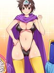  artist_request bikini blush brown_eyes brown_hair bulge cape censored character_request dragon_quest dragon_quest_iii futanari hand_on_hip headband highres hips midriff navel priest_(dq3) roto short_hair sling_bikini smile soldier_(dq3) string_bikini sweat swimsuit thighhighs 