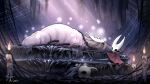  1other 2girls abstract_background arthropod_girl arthropod_limbs black_skin blue_background blue_cloak braaiboet candle candlelight cloak colored_skin extra_eyes extra_legs hand_on_another's_head herrah_(hollow_knight) highres holding holding_weapon hollow_eyes hollow_knight horned_mask hornet_(hollow_knight) horns knight_(hollow_knight) looking_at_another lying mask mother_and_daughter multiple_girls nail_(hollow_knight) on_back on_side parchment pink_background red_cloak signature silk sitting sleeping spider_web spider_web_background weapon weapon_on_back white_mask 