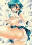  1girl absurdres aqua_eyes aqua_skirt ass bishoujo_senshi_sailor_moon blush breasts chibi_neko choppy_bangs circlet commentary covered_nipples cowboy_shot crotch_seam earrings elbow_gloves from_below gloves highres jewelry large_breasts looking_at_viewer marker_(medium) mizuno_ami navel no_bra one_eye_closed panties pleated_skirt red_lips sailor_mercury shirt short_hair short_sleeves skirt solo stomach stud_earrings thighs torn_clothes torn_shirt torn_skirt traditional_media underboob underwear white_gloves white_panties white_shirt 
