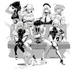  1boy 6+girls abs ahoge anis_(nikke) arm_warmers bandaid bandaid_on_cheek bandaid_on_face bare_shoulders black_bodysuit black_choker black_leotard blush bodysuit breasts broken_mask choker cinderella_(nikke) cleavage cloak clothing_cutout coat commander_(nikke) drake_(nikke) fang fur-trimmed_coat fur_trim gloves goddess_of_victory:_nikke grave_(nikke) hair_over_eyes hair_over_one_eye harem hetero highleg highleg_leotard hood hooded_cloak hospital_gown jacket jamjamstyle laplace_(nikke) large_breasts leg_armor leg_cutout leotard long_hair looking_at_viewer mask military_jacket military_uniform monochrome multiple_girls navel_cutout necktie official_alternate_costume official_alternate_design one_eye_covered only_one_(nikke) open_mouth rapi_(nikke) rapi_(red_hood)_(nikke) see-through_bodysuit see-through_clothes short_hair sidelocks simple_background single_arm_warmer sitting smile star-shaped_pupils star_(symbol) symbol-shaped_pupils twintails very_long_hair white_background white_coat white_gown white_hair 