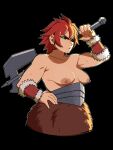  1girl armor axe black_background breasts dungeon_meshi dwarf frown fur-trimmed_bracer fur_skirt glaring hand_on_own_hip highres holding holding_axe holding_weapon medium_breasts muscular muscular_female namari_(dungeon_meshi) red_hair rheesu short_hair sweat tomboy weapon 