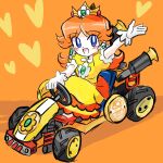  1girl brown_hair commentary crown dress driving earrings flower_earrings gloves go-kart highres jewelry long_hair mario_(series) mario_kart mario_kart_world motor_vehicle open_mouth orange_background orange_dress princess_daisy rakugaki_shitagari-ya simple_background sketch smile steering_wheel symbol-only_commentary waving white_gloves 