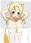  arms_up blonde_hair breasts brown_eyes cleavage clothes large_breasts mahou_shoujo_madoka_magica miyamoto_issa solo tomoe_mami topless translated upper_body 