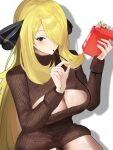  1girl black_eyes blonde_hair blush brown_sweater cleavage_cutout clothing_cutout cynthia_(pokemon) food food_in_mouth hair_ornament hashtag-only_commentary highres holding holding_food holding_pocky long_hair pocky pocky_day pocky_in_mouth pokemon pokemon_dppt solo sweater tyotto22 very_long_hair 