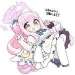  1girl :d blue_archive blue_bow blue_shoes blush_stickers bow breasts brown_eyes capelet chibi commentary_request crescent dress feathered_wings full_body hair_bun halo hands_up high_heels large_breasts long_hair low_wings mika_(blue_archive) miranofuudoria pantyhose partial_commentary pink_hair shoes simple_background single_side_bun smile solo translation_request very_long_hair white_background white_capelet white_dress white_pantyhose white_wings wings 