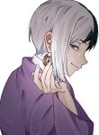 0a_9_(pixiv82791714) 1boy asagiri_gen black_hair blue_eyes closed_mouth dr._stone earrings from_side hand_up jacket jewelry long_sleeves looking_at_viewer male_focus multicolored_hair profile purple_jacket purple_robe robe short_hair sideways_glance smile solo split-color_hair two-tone_hair upper_body white_background white_hair wide_sleeves 