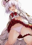  1girl animal_ear_hairband animal_ears bow bow_hairband bowtie breasts brooch buttons clothes_lift cowboy_shot double-breasted fake_animal_ears from_below furisode_sleeves granblue_fantasy grey_hair hair_ornament hairband hairclip heart heart_brooch highres jewelry layered_sleeves lifting_own_clothes long_sleeves looking_at_viewer looking_down miniskirt mouse_ears panties pleated_skirt red_bow red_bowtie red_eyes red_hairband shirt simple_background skirt skirt_lift small_breasts solo sweat tearing_up thigh_strap underboob underwear very_sweaty vikala_(granblue_fantasy) white_background white_panties white_shirt white_skirt wide_sleeves yude 