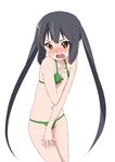  bikini black_hair blush brown_eyes covering embarrassed errant hand_on_own_chest k-on! long_hair nakano_azusa navel open_mouth round_teeth simple_background solo swimsuit teeth twintails very_long_hair 
