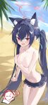  1girl :p @_@ absurdres animal_ear_fluff animal_ears areola_slip beach bikini bikini_bottom_only black_bikini black_hair blue_archive blue_ribbon blush breasts cat_ears cat_girl cleavage clenched_hand collarbone commentary covering_breasts covering_privates cowboy_shot crossed_bangs cum cum_on_body cum_on_breasts cum_on_hair day doodle_sensei_(blue_archive) embarrassed extra_ears facial fang frilled_bikini frills hair_between_eyes hair_intakes hair_ribbon halo hand_up hetero highres leaning_forward long_hair medium_breasts nammmmer naughty_face navel nose_blush ocean official_alternate_costume open_mouth outdoors palm_leaf pink_halo pov pussy_juice red_eyes ribbon sensei_(blue_archive) serika_(blue_archive) serika_(swimsuit)_(blue_archive) sidelocks skin_fang solo spoken_character stomach straight_hair sunlight swimsuit symbol-only_commentary tearing_up thighs thumbs_up tongue tongue_out topless_female tsurime twintails twitching v-shaped_eyebrows variant_set very_long_hair 