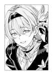  1girl birdhatter black_hairband black_jacket black_ribbon blush collared_shirt firefly_(honkai:_star_rail) grey_hair greyscale hair_between_eyes hair_intakes hair_ornament hair_ribbon hairband honkai:_star_rail honkai_(series) jacket long_hair monochrome open_mouth ribbon shirt solo teeth white_shirt 