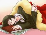  book cape command_spell fate/zero fate_(series) green_hair male_focus map necktie rakutori sleeping solo waver_velvet 