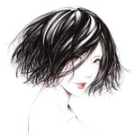  black_hair face lips lipstick makeup messy_hair monochrome original portrait short_hair simple_background solo sousou_(sousouworks) spot_color upper_body 